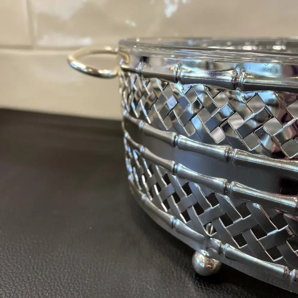England Silverplated Bamboo Basketweave Vintage Pyrex Dish Holder